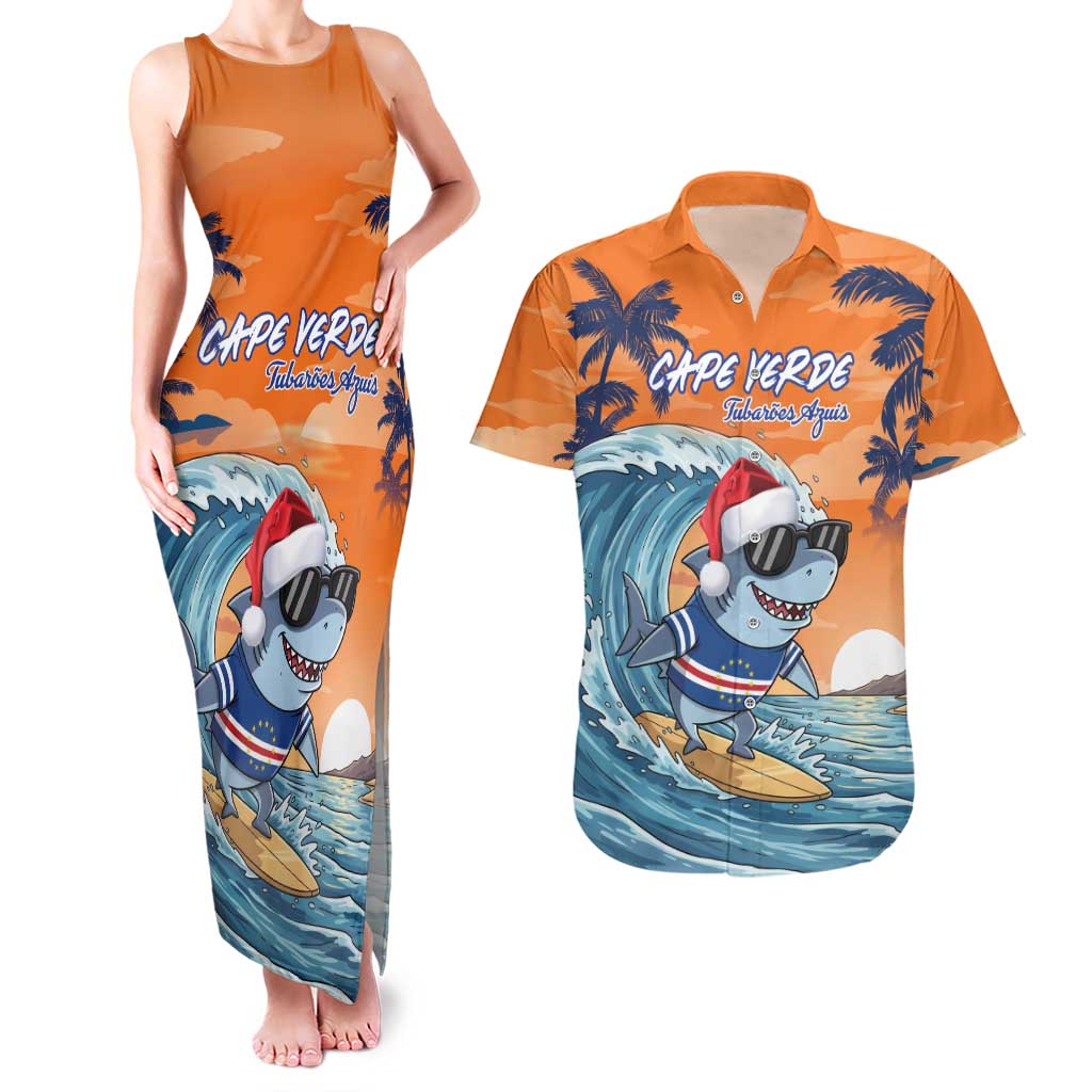 Cape Verde Christmas Couples Matching Tank Maxi Dress and Hawaiian Shirt Shark Surfing Holiday Beach Style - Wonder Print Shop