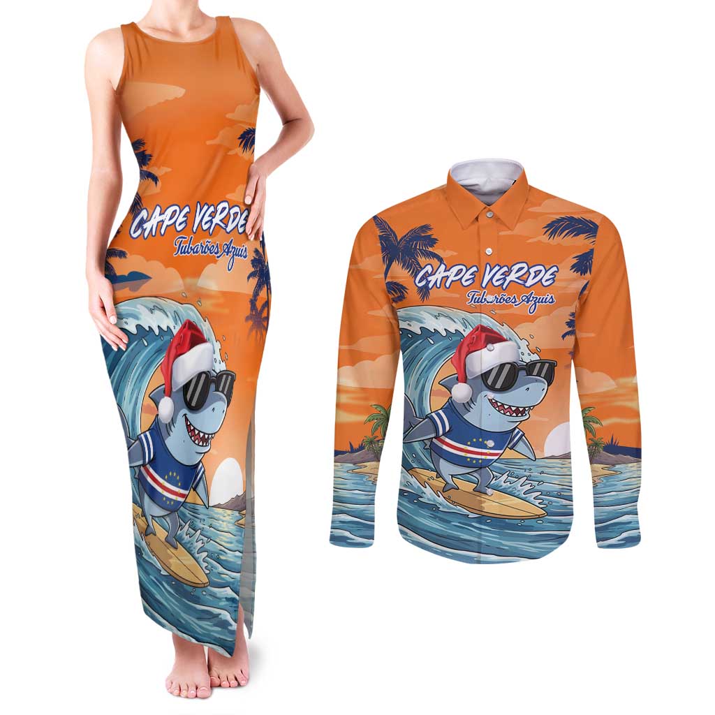 Cape Verde Christmas Couples Matching Tank Maxi Dress and Long Sleeve Button Shirt Shark Surfing Holiday Beach Style - Wonder Print Shop