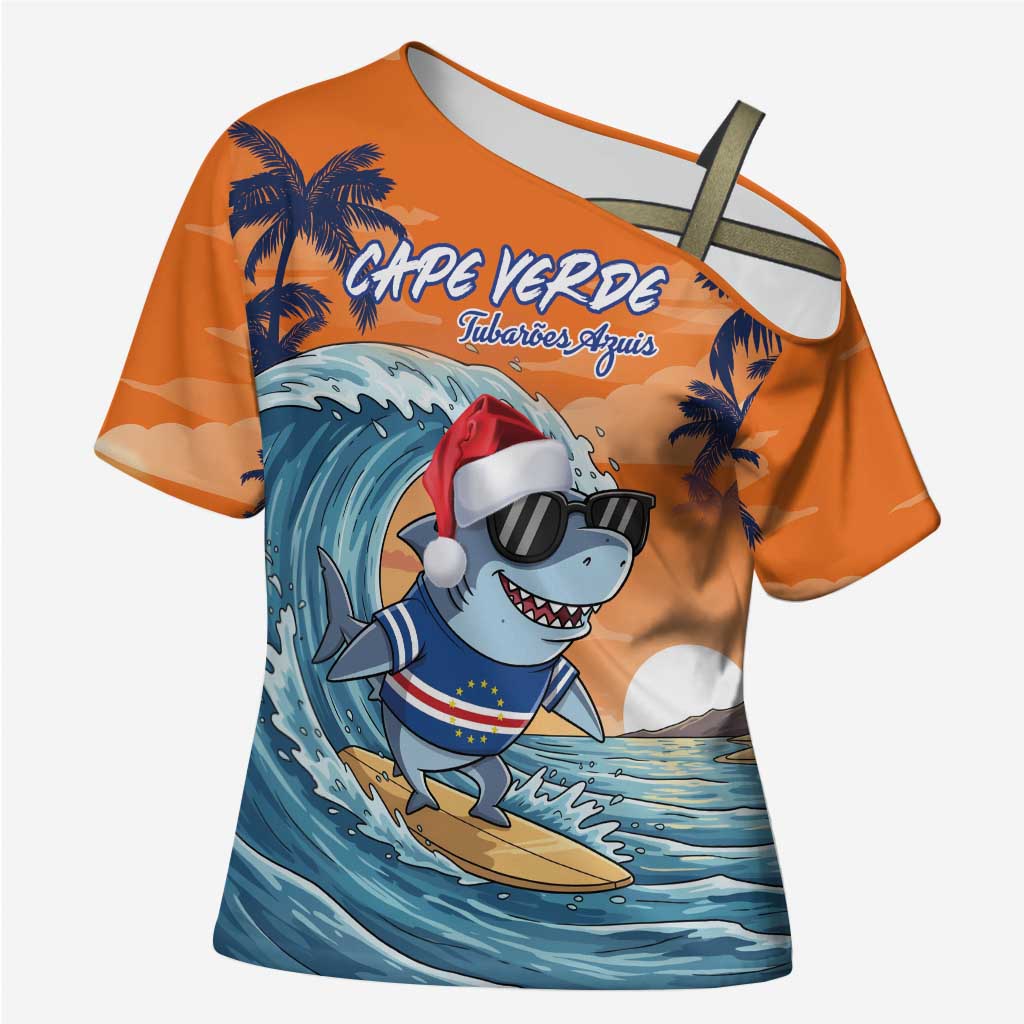 Cape Verde Christmas Cross Shoulder Shirt Shark Surfing Holiday Beach Style - Wonder Print Shop