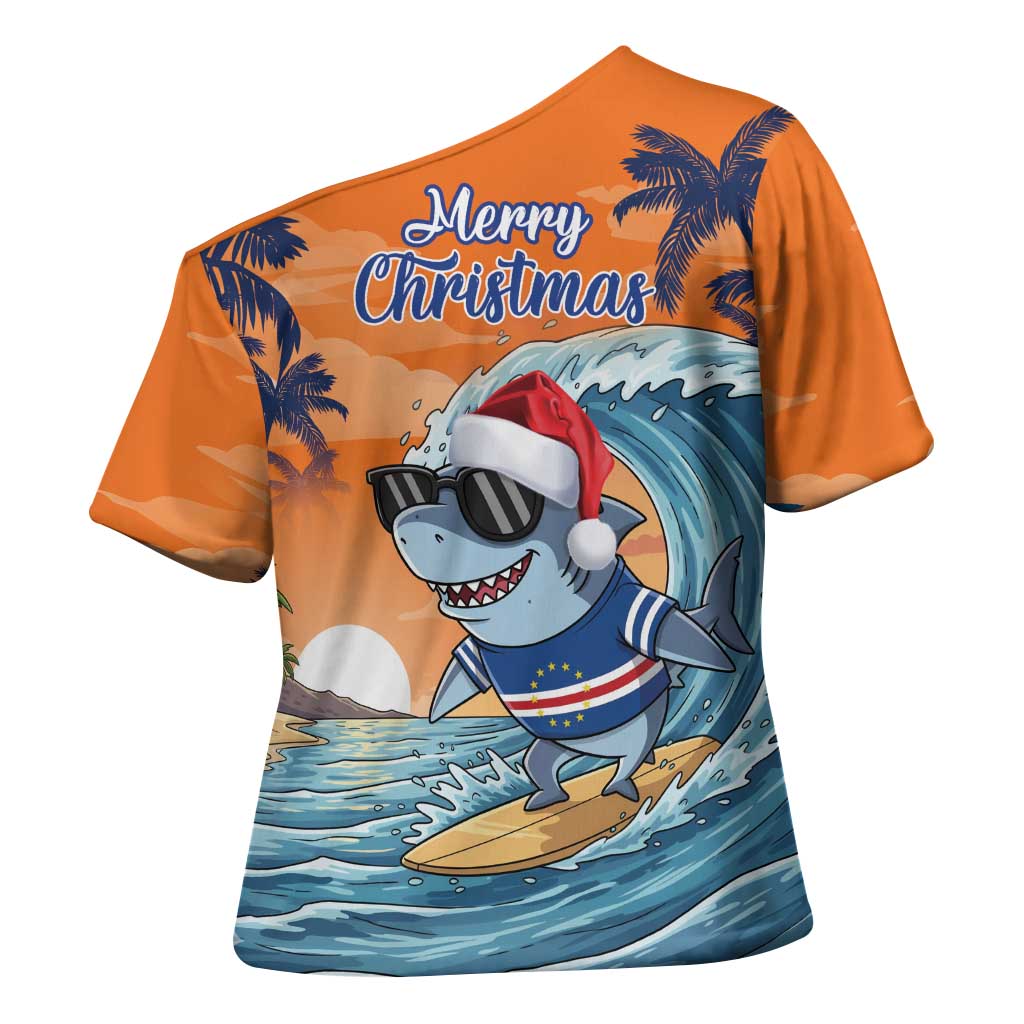 Cape Verde Christmas Cross Shoulder Shirt Shark Surfing Holiday Beach Style - Wonder Print Shop