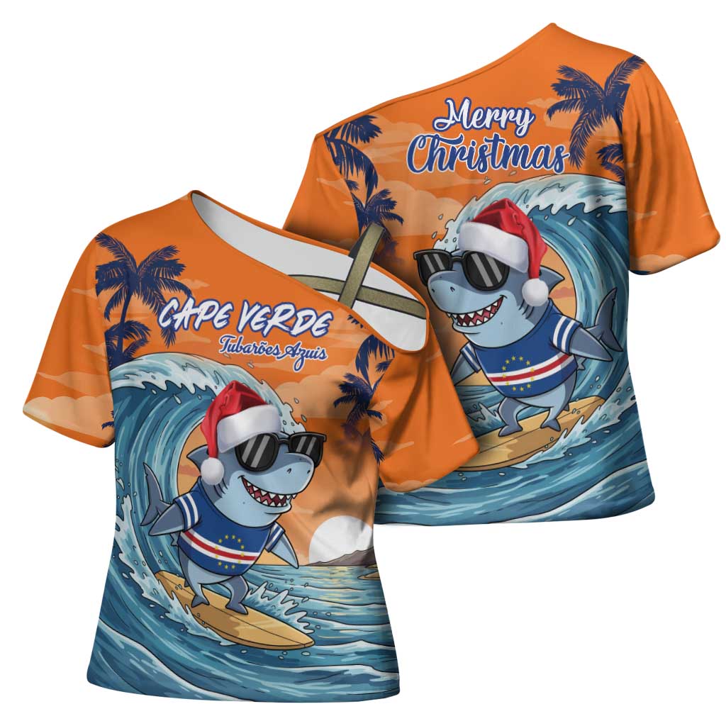 Cape Verde Christmas Cross Shoulder Shirt Shark Surfing Holiday Beach Style - Wonder Print Shop