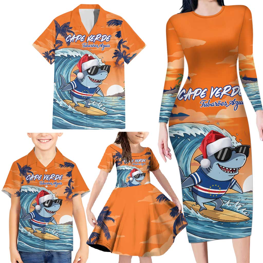 Cape Verde Christmas Family Matching Long Sleeve Bodycon Dress and Hawaiian Shirt Shark Surfing Holiday Beach Style - Wonder Print Shop