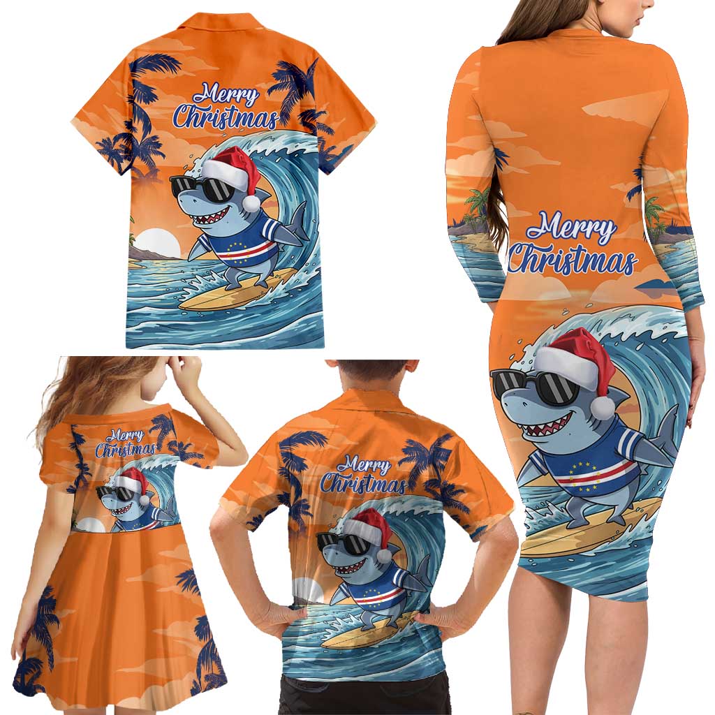 Cape Verde Christmas Family Matching Long Sleeve Bodycon Dress and Hawaiian Shirt Shark Surfing Holiday Beach Style - Wonder Print Shop