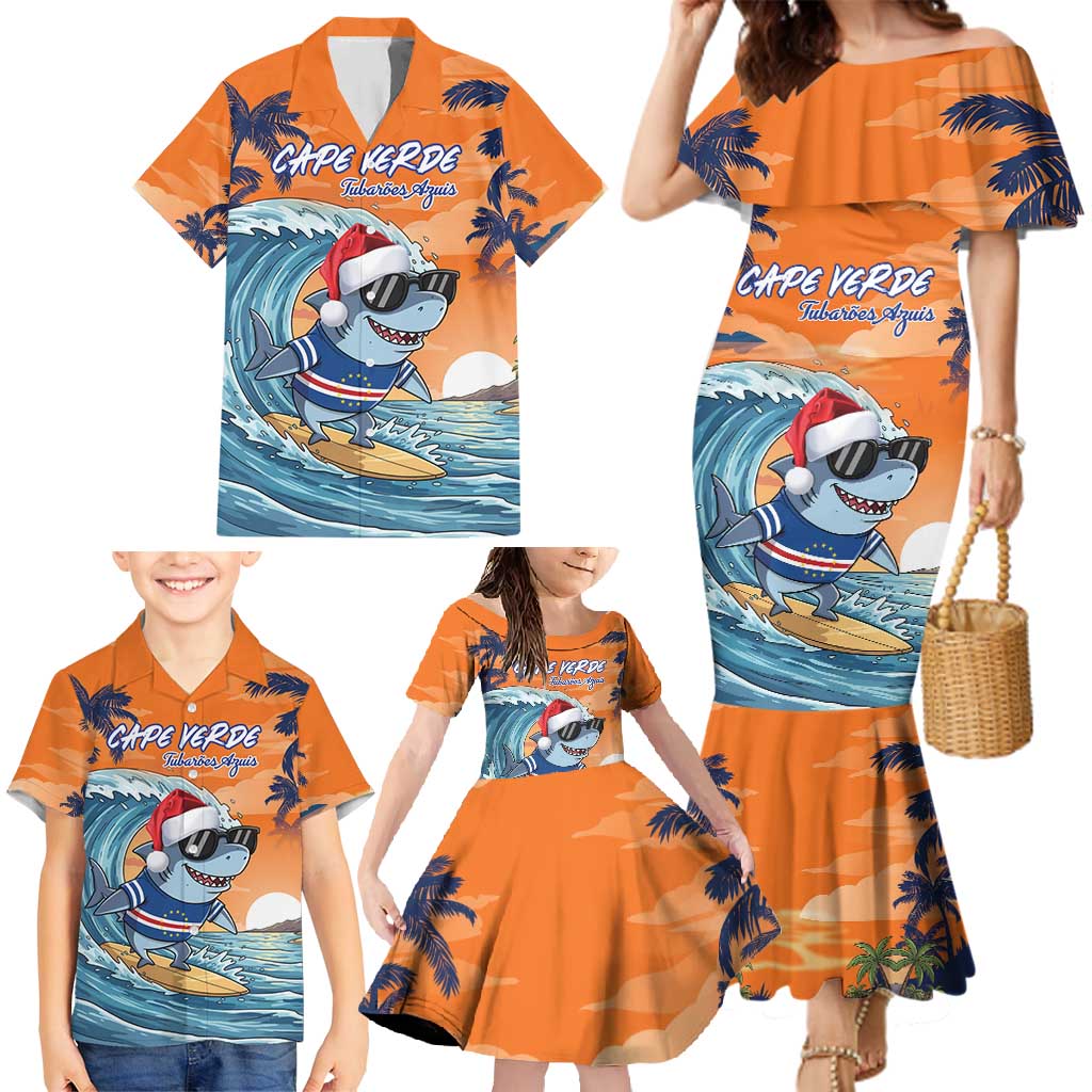 Cape Verde Christmas Family Matching Mermaid Dress and Hawaiian Shirt Shark Surfing Holiday Beach Style - Wonder Print Shop