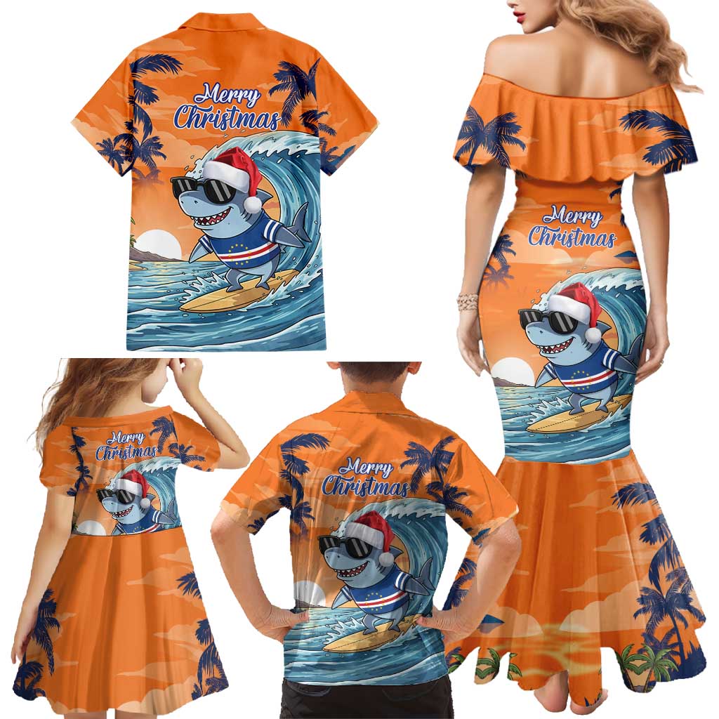 Cape Verde Christmas Family Matching Mermaid Dress and Hawaiian Shirt Shark Surfing Holiday Beach Style - Wonder Print Shop