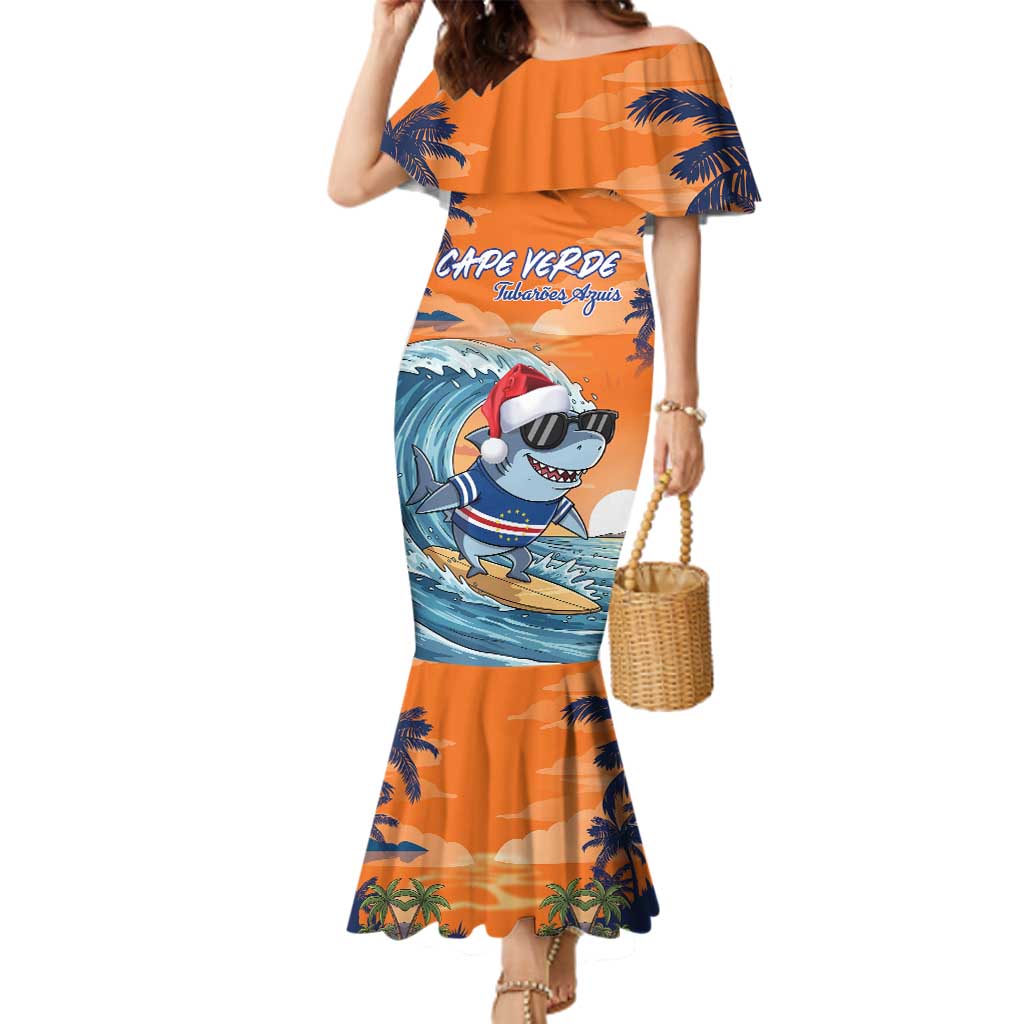 Cape Verde Christmas Family Matching Mermaid Dress and Hawaiian Shirt Shark Surfing Holiday Beach Style - Wonder Print Shop