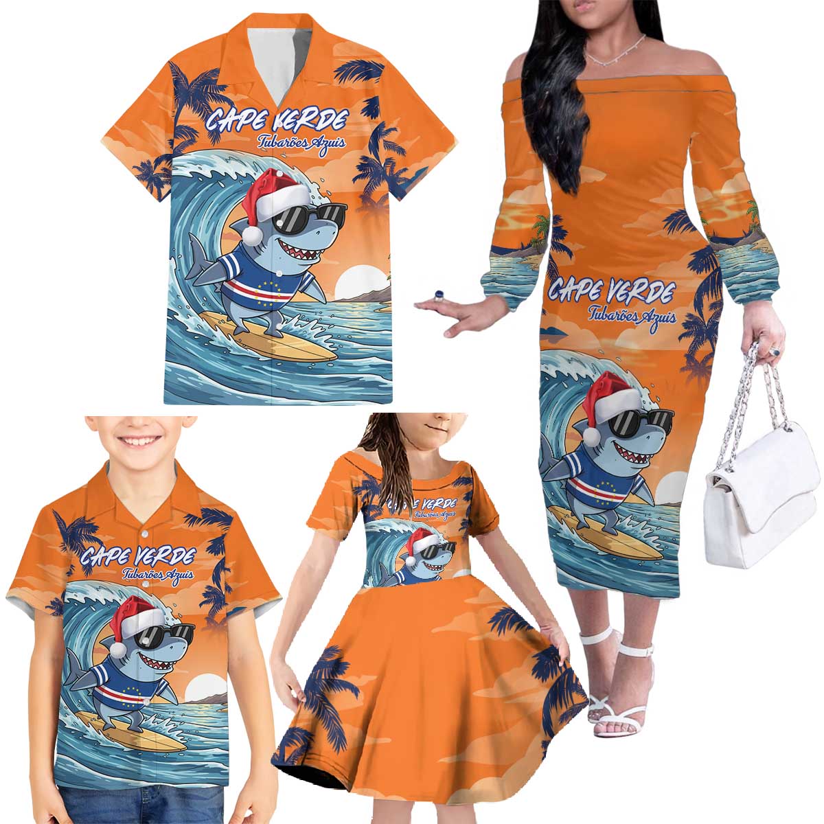 Cape Verde Christmas Family Matching Off The Shoulder Long Sleeve Dress and Hawaiian Shirt Shark Surfing Holiday Beach Style - Wonder Print Shop