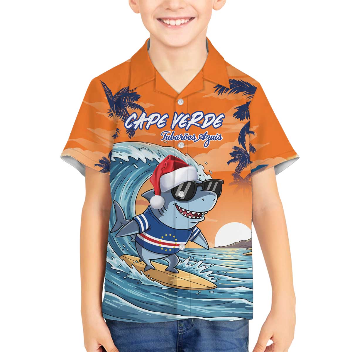 Cape Verde Christmas Family Matching Off The Shoulder Long Sleeve Dress and Hawaiian Shirt Shark Surfing Holiday Beach Style - Wonder Print Shop