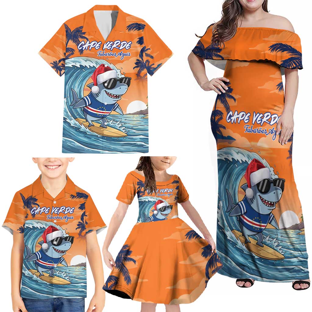 Cape Verde Christmas Family Matching Off Shoulder Maxi Dress and Hawaiian Shirt Shark Surfing Holiday Beach Style - Wonder Print Shop
