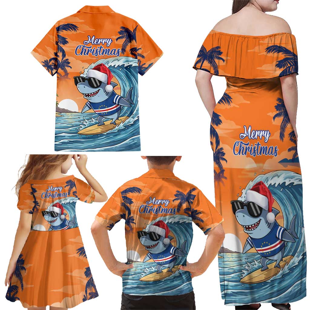 Cape Verde Christmas Family Matching Off Shoulder Maxi Dress and Hawaiian Shirt Shark Surfing Holiday Beach Style - Wonder Print Shop