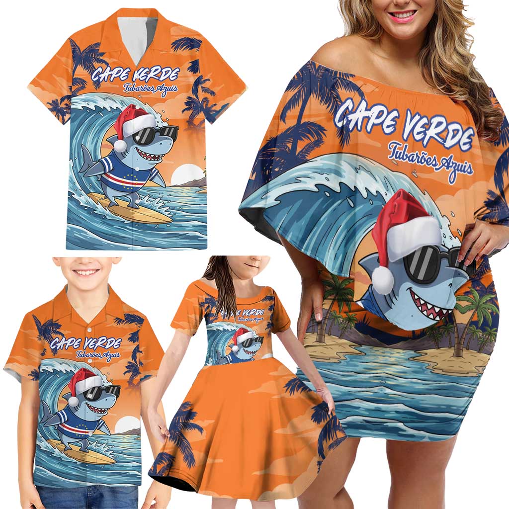 Cape Verde Christmas Family Matching Off Shoulder Short Dress and Hawaiian Shirt Shark Surfing Holiday Beach Style - Wonder Print Shop