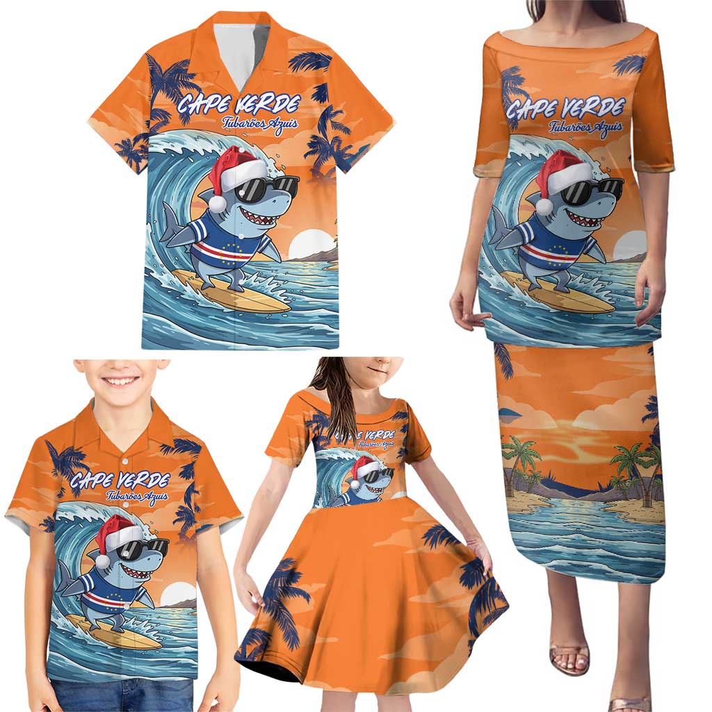Cape Verde Christmas Family Matching Puletasi and Hawaiian Shirt Shark Surfing Holiday Beach Style - Wonder Print Shop