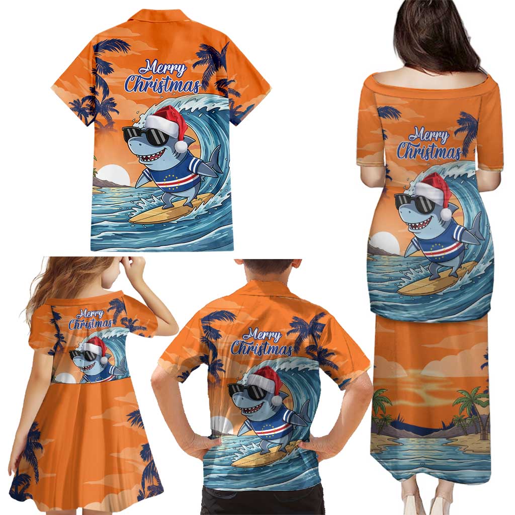Cape Verde Christmas Family Matching Puletasi and Hawaiian Shirt Shark Surfing Holiday Beach Style - Wonder Print Shop