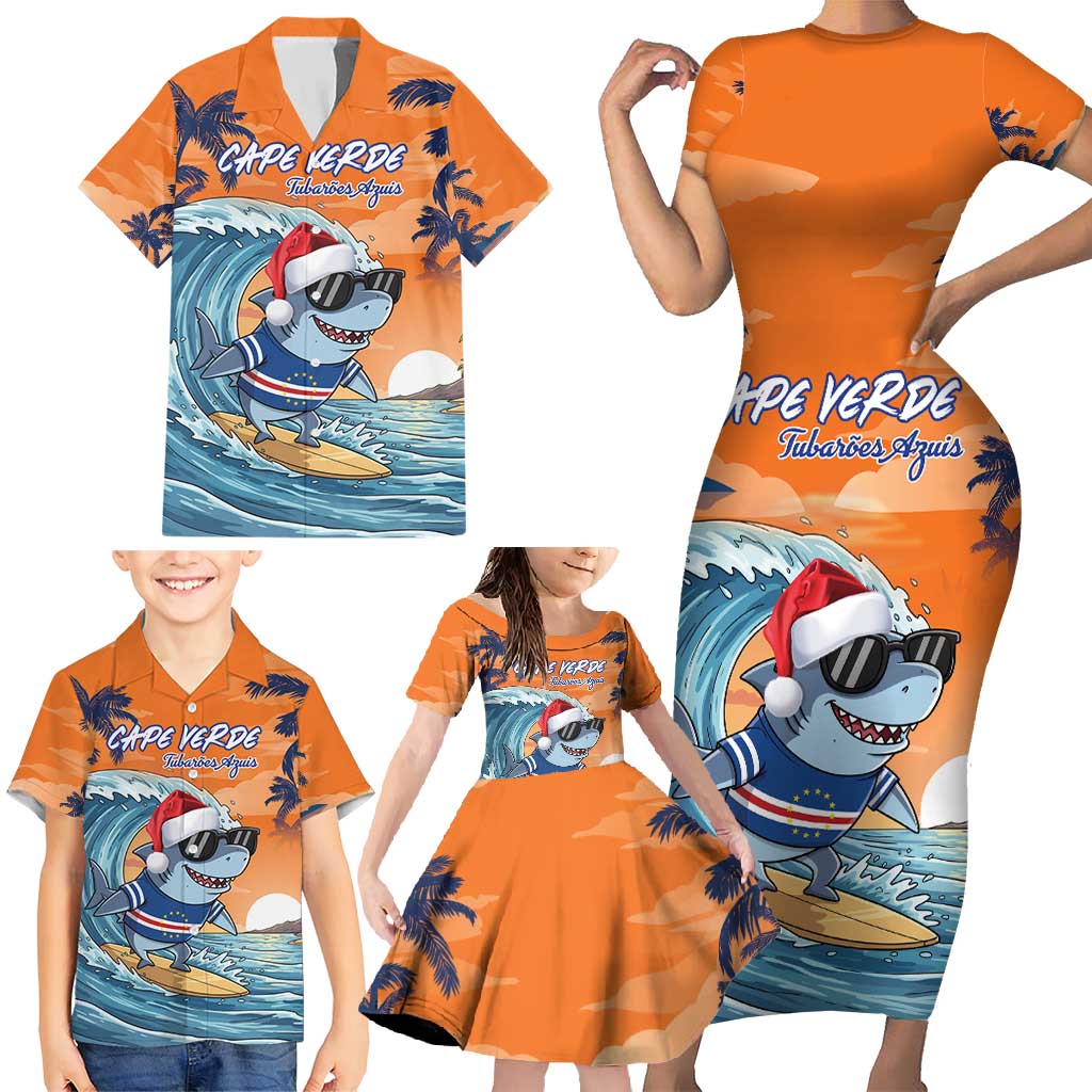 Cape Verde Christmas Family Matching Short Sleeve Bodycon Dress and Hawaiian Shirt Shark Surfing Holiday Beach Style - Wonder Print Shop