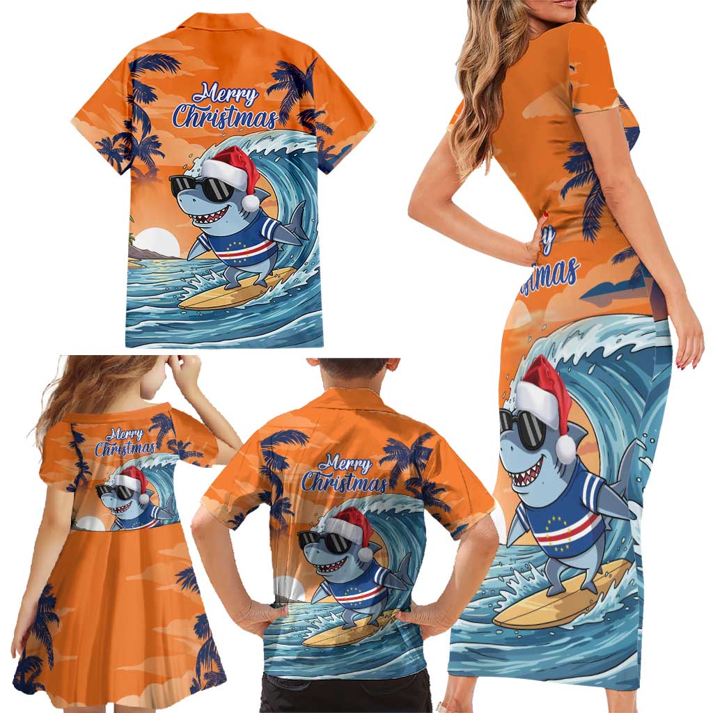 Cape Verde Christmas Family Matching Short Sleeve Bodycon Dress and Hawaiian Shirt Shark Surfing Holiday Beach Style - Wonder Print Shop