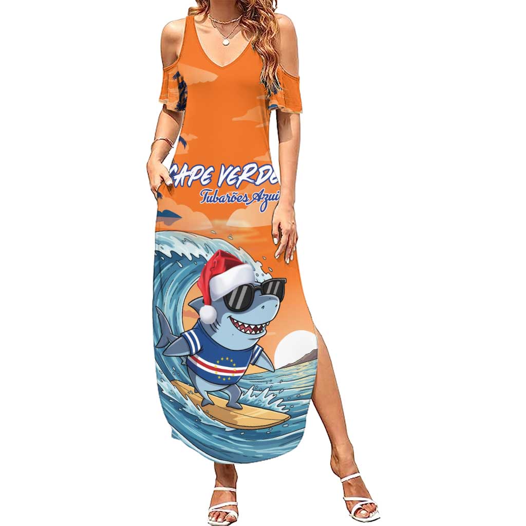 Cape Verde Christmas Family Matching Summer Maxi Dress and Hawaiian Shirt Shark Surfing Holiday Beach Style - Wonder Print Shop