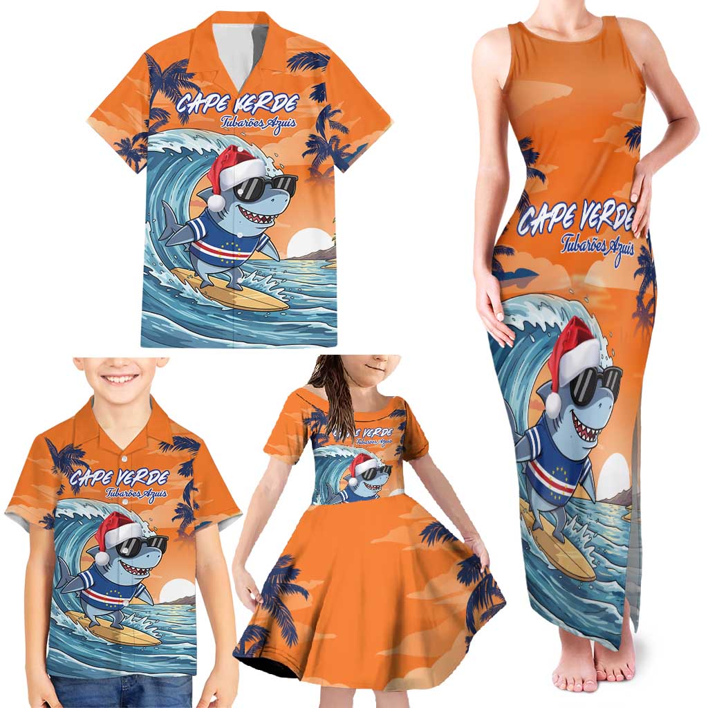 Cape Verde Christmas Family Matching Tank Maxi Dress and Hawaiian Shirt Shark Surfing Holiday Beach Style - Wonder Print Shop