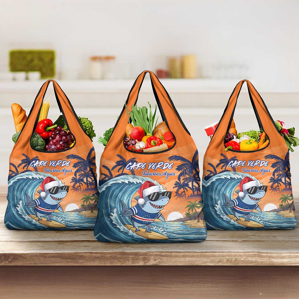 Cape Verde Christmas Grocery Bag Shark Surfing Holiday Beach Style - Wonder Print Shop