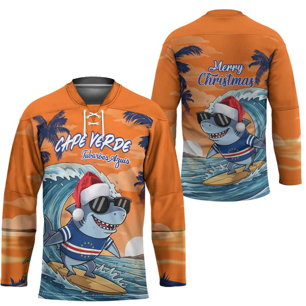 Cape Verde Christmas Hockey Jersey Shark Surfing Holiday Beach Style - Wonder Print Shop