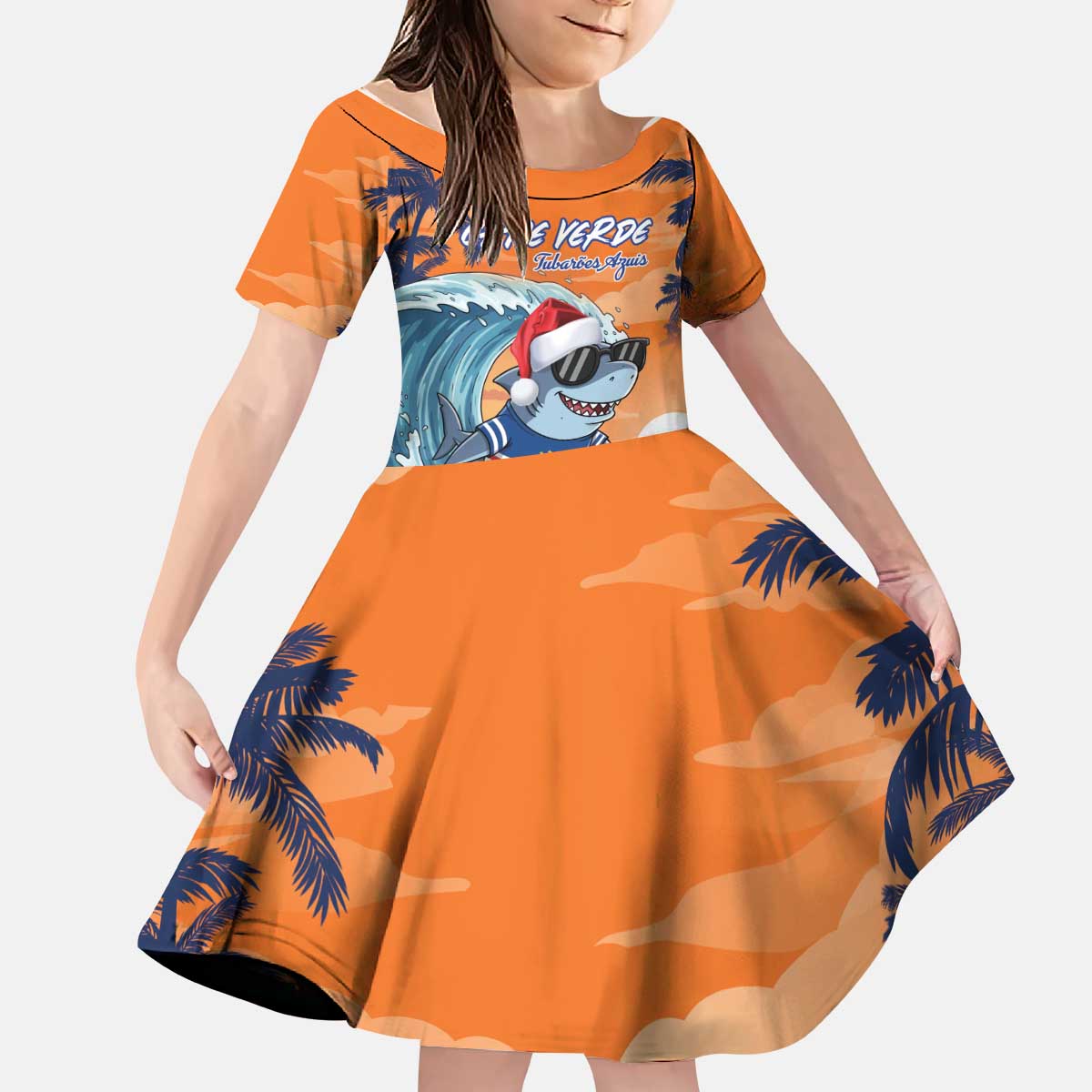 Cape Verde Christmas Kid Short Sleeve Dress Shark Surfing Holiday Beach Style - Wonder Print Shop