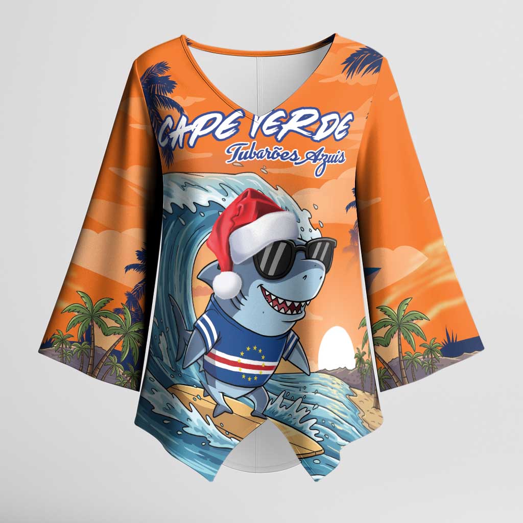 Cape Verde Christmas Kimono Sleeve Blouse Shark Surfing Holiday Beach Style - Wonder Print Shop