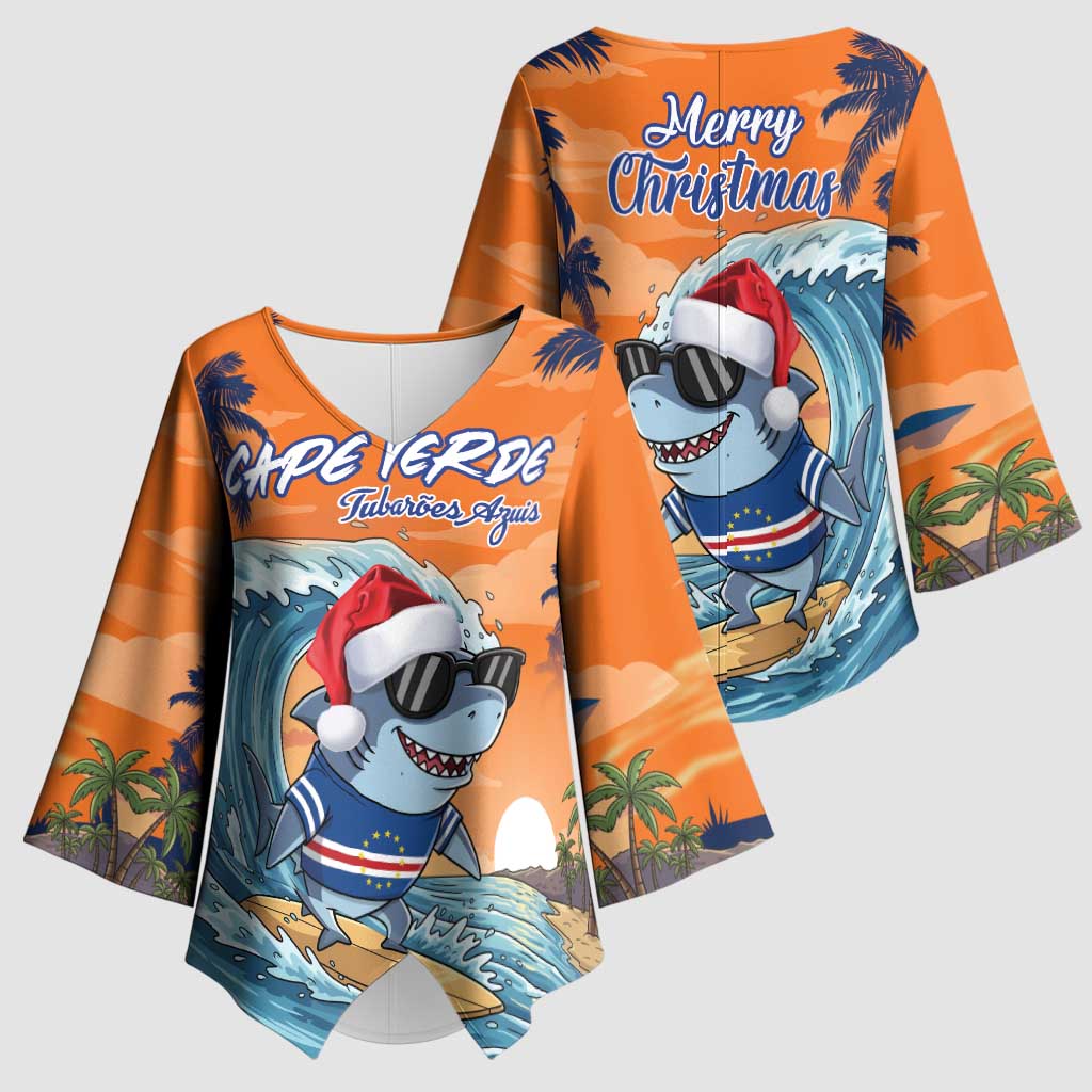 Cape Verde Christmas Kimono Sleeve Blouse Shark Surfing Holiday Beach Style - Wonder Print Shop