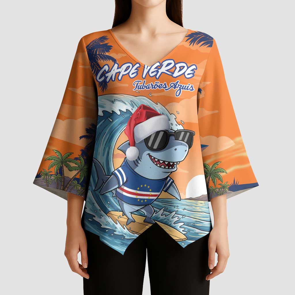 Cape Verde Christmas Kimono Sleeve Blouse Shark Surfing Holiday Beach Style - Wonder Print Shop