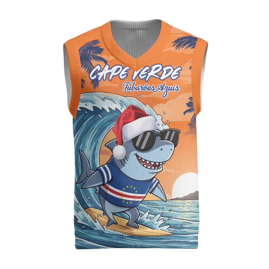 Cape Verde Christmas Knitted V-Neck Vest Shark Surfing Holiday Beach Style - Wonder Print Shop