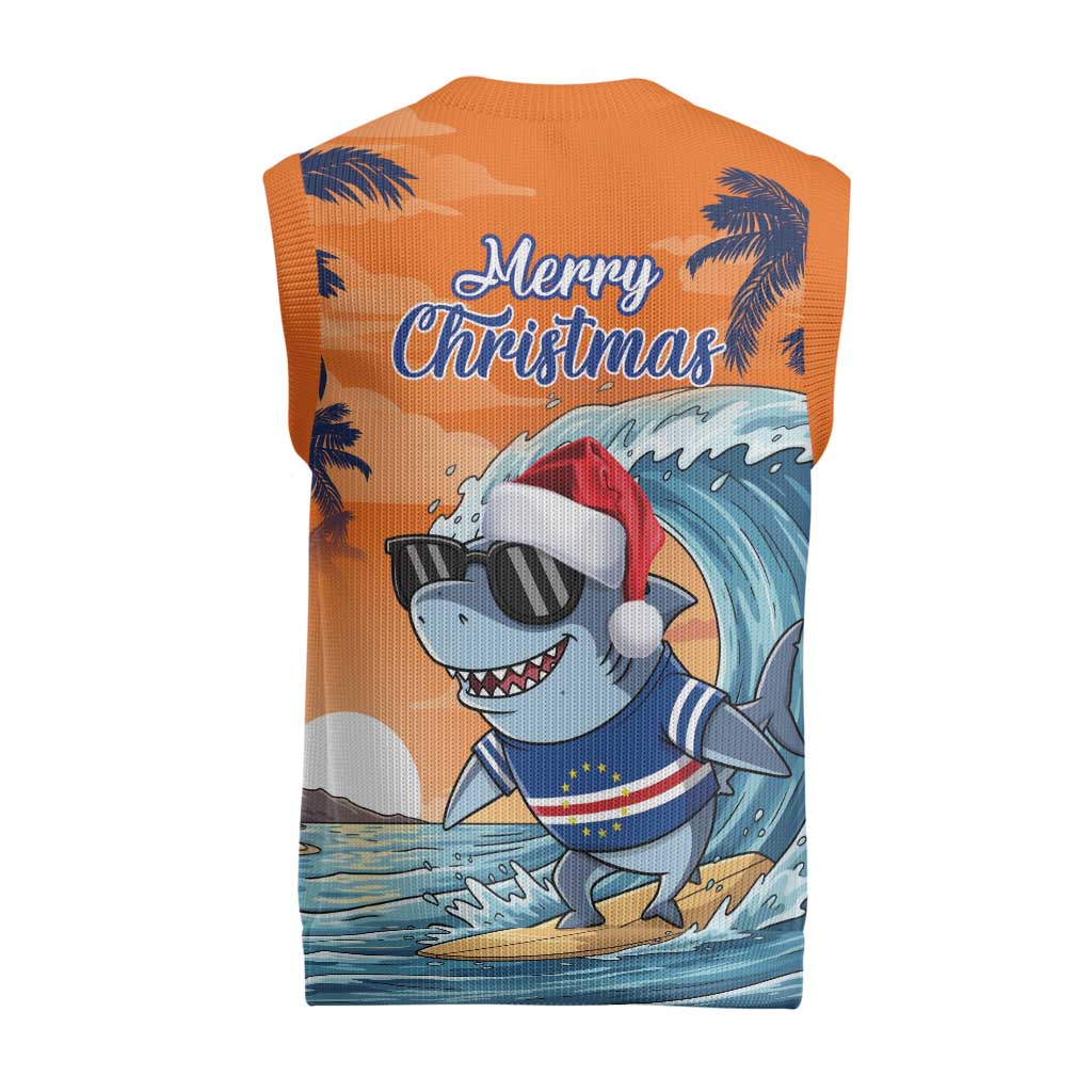 Cape Verde Christmas Knitted V-Neck Vest Shark Surfing Holiday Beach Style - Wonder Print Shop