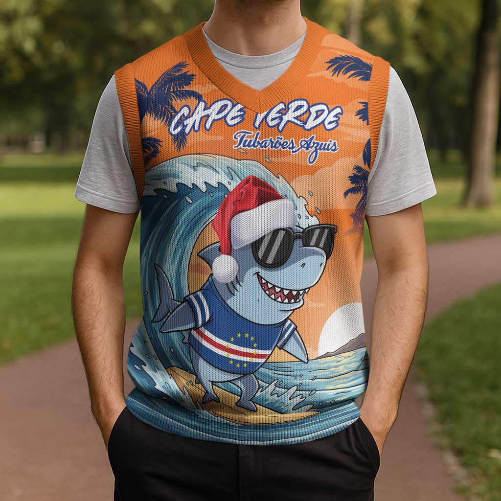 Cape Verde Christmas Knitted V-Neck Vest Shark Surfing Holiday Beach Style - Wonder Print Shop