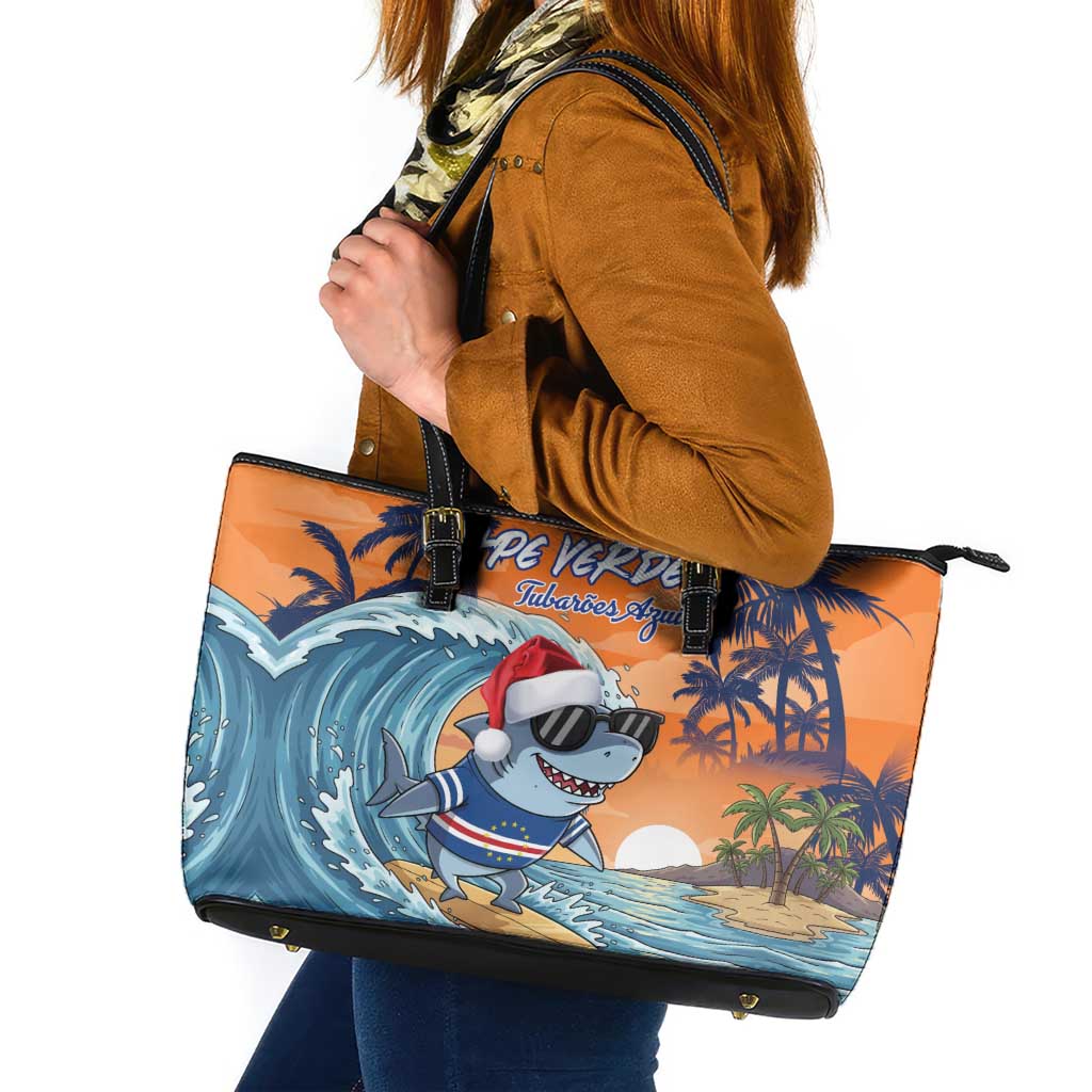 Cape Verde Christmas Leather Tote Bag Shark Surfing Holiday Beach Style - Wonder Print Shop