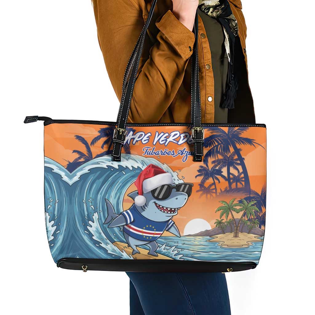 Cape Verde Christmas Leather Tote Bag Shark Surfing Holiday Beach Style - Wonder Print Shop