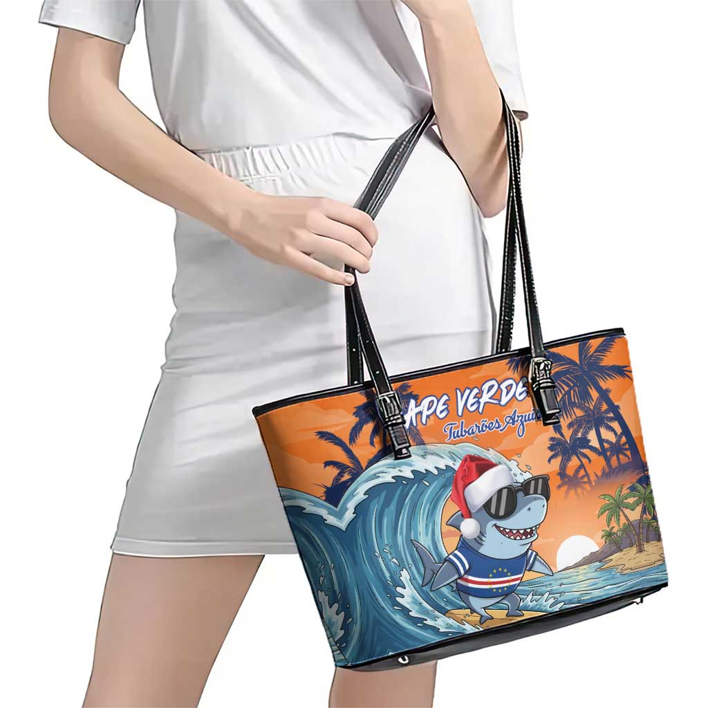 Cape Verde Christmas Leather Tote Bag Shark Surfing Holiday Beach Style - Wonder Print Shop