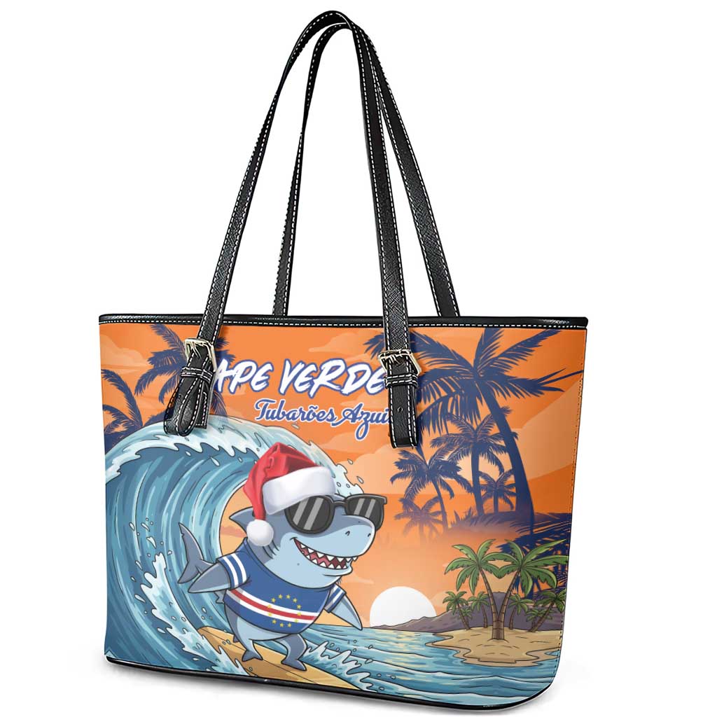 Cape Verde Christmas Leather Tote Bag Shark Surfing Holiday Beach Style - Wonder Print Shop