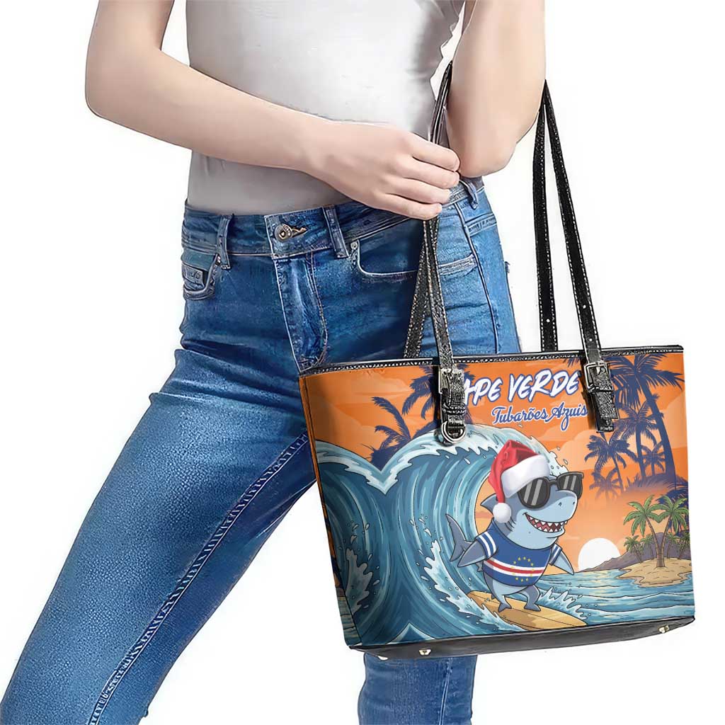 Cape Verde Christmas Leather Tote Bag Shark Surfing Holiday Beach Style - Wonder Print Shop