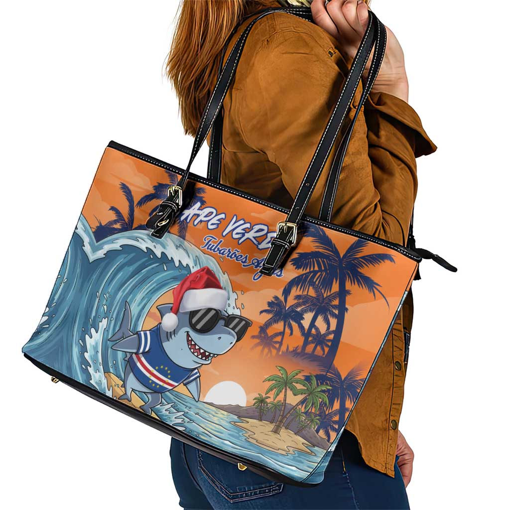 Cape Verde Christmas Leather Tote Bag Shark Surfing Holiday Beach Style - Wonder Print Shop