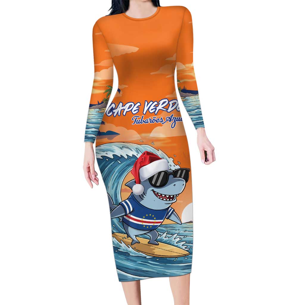 Cape Verde Christmas Long Sleeve Bodycon Dress Shark Surfing Holiday Beach Style - Wonder Print Shop