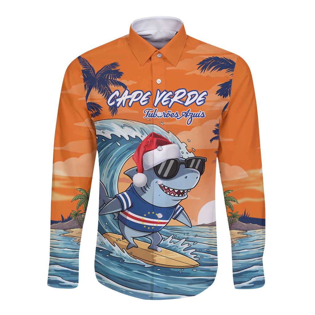 Cape Verde Christmas Long Sleeve Button Shirt Shark Surfing Holiday Beach Style - Wonder Print Shop