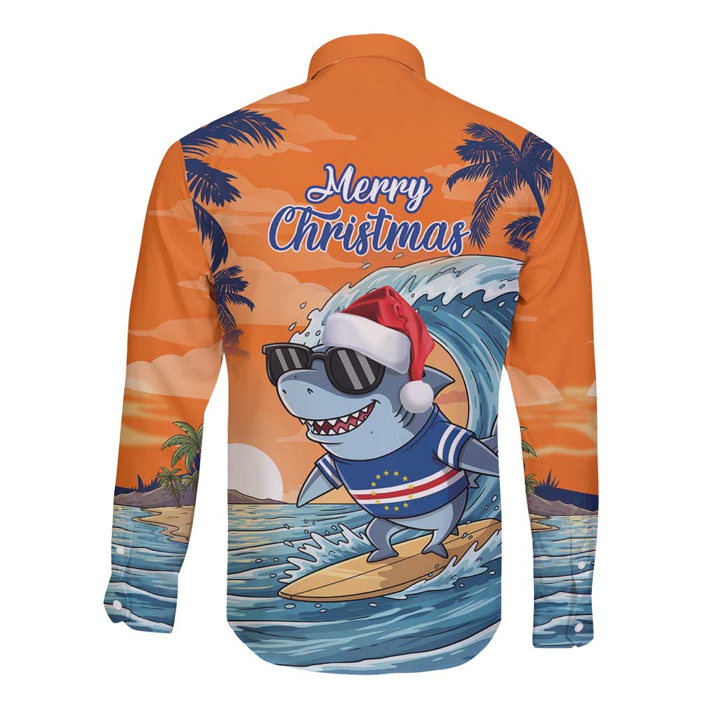 Cape Verde Christmas Long Sleeve Button Shirt Shark Surfing Holiday Beach Style - Wonder Print Shop