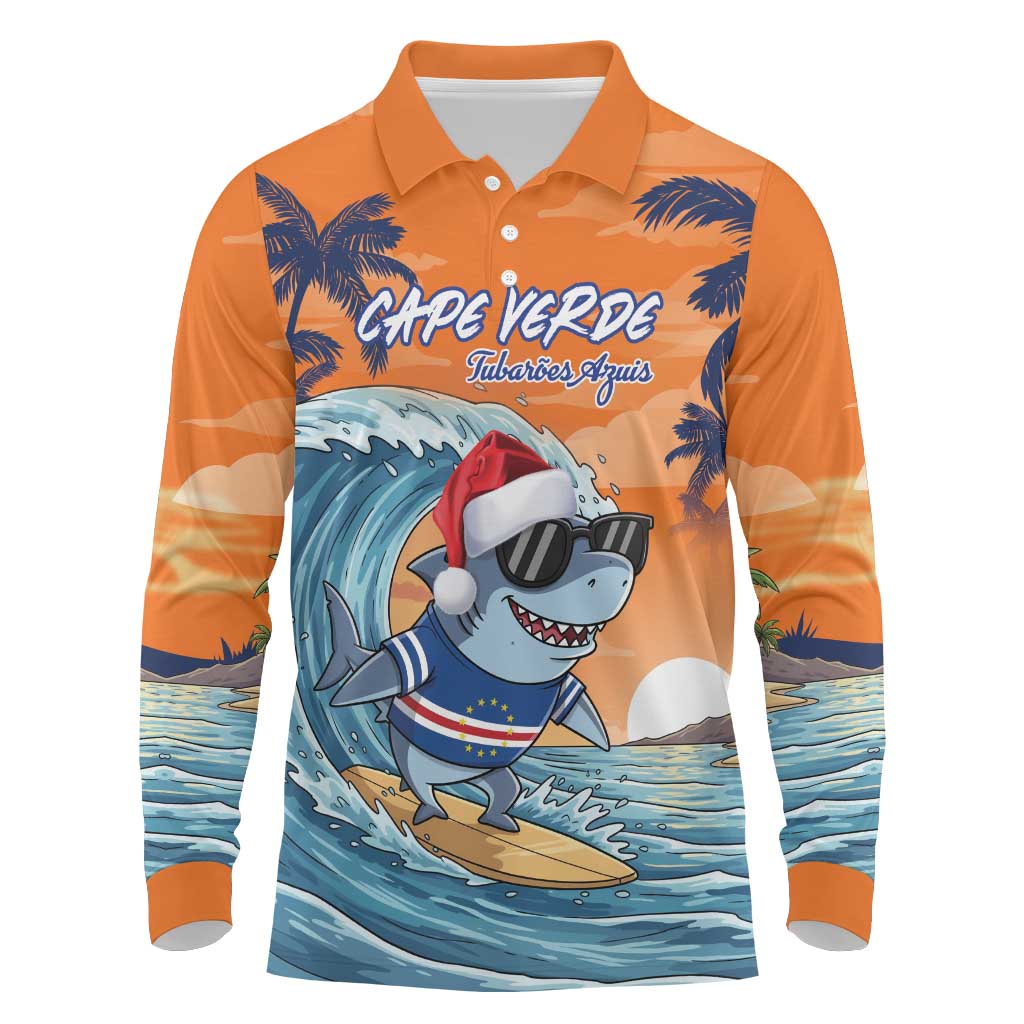 Cape Verde Christmas Long Sleeve Polo Shirt Shark Surfing Holiday Beach Style - Wonder Print Shop