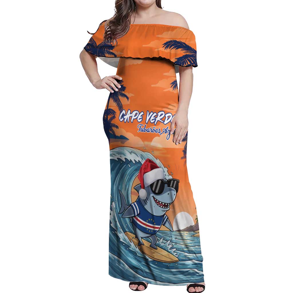 Cape Verde Christmas Off Shoulder Maxi Dress Shark Surfing Holiday Beach Style - Wonder Print Shop
