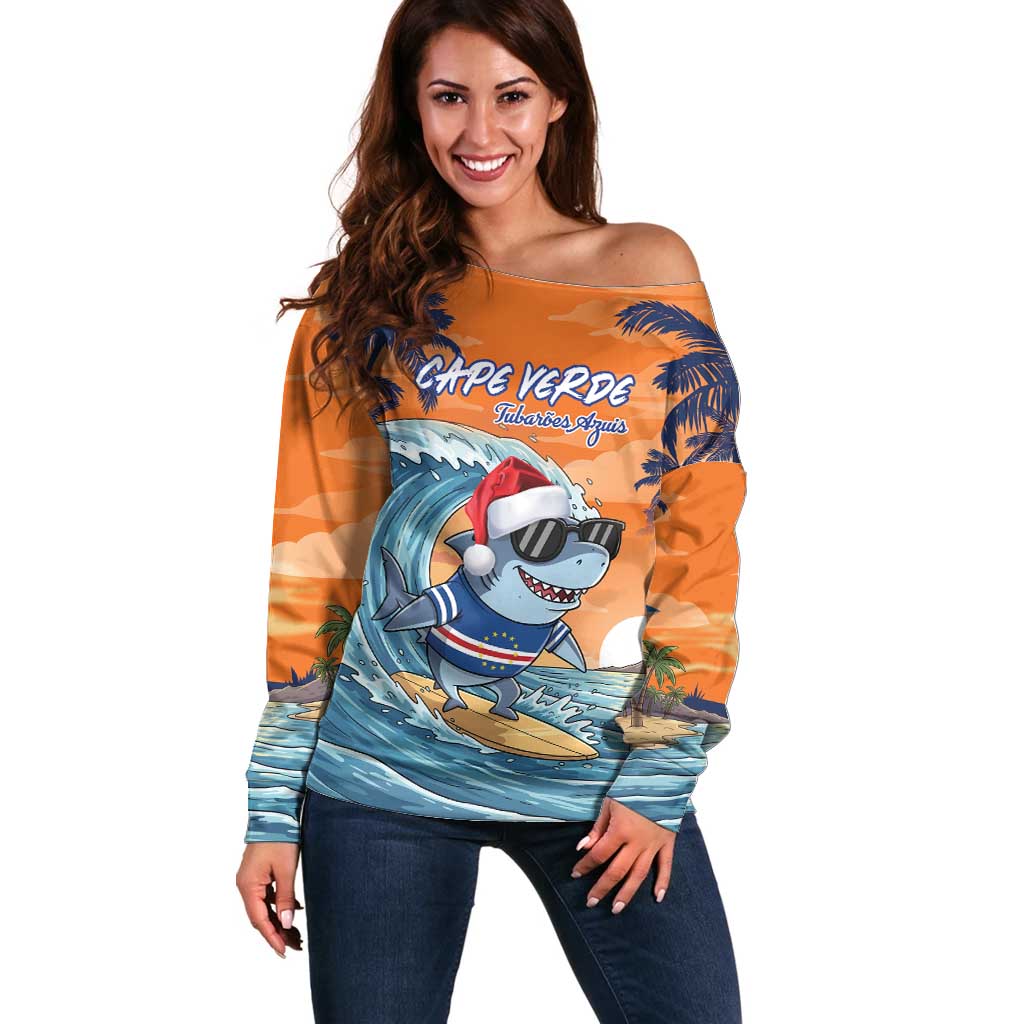 Cape Verde Christmas Off Shoulder Sweater Shark Surfing Holiday Beach Style - Wonder Print Shop