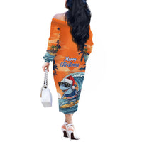 Cape Verde Christmas Off The Shoulder Long Sleeve Dress Shark Surfing Holiday Beach Style - Wonder Print Shop