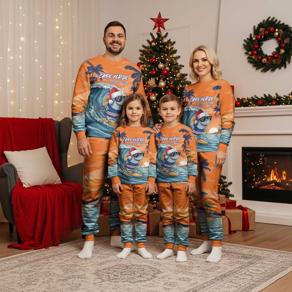 Cape Verde Christmas Pajama Set Shark Surfing Holiday Beach Style - Wonder Print Shop