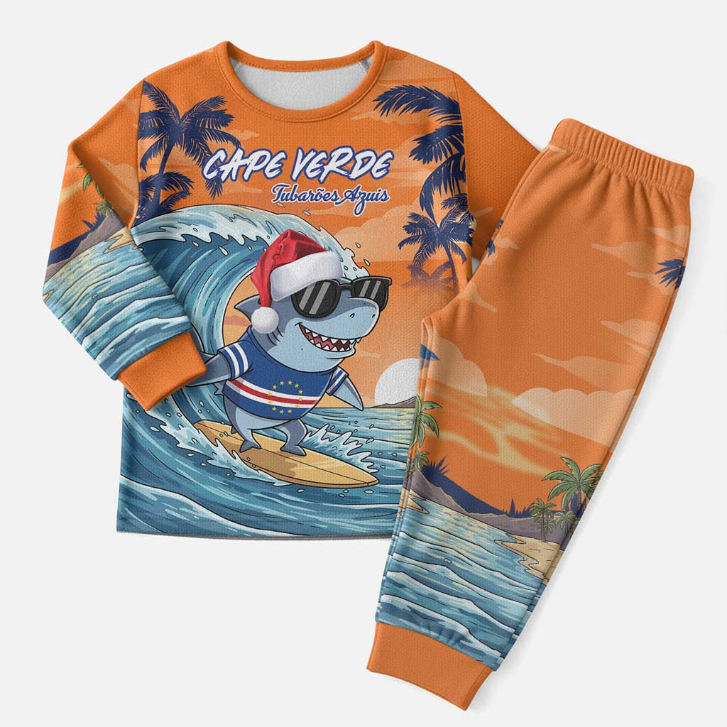 Cape Verde Christmas Pajama Set Shark Surfing Holiday Beach Style - Wonder Print Shop