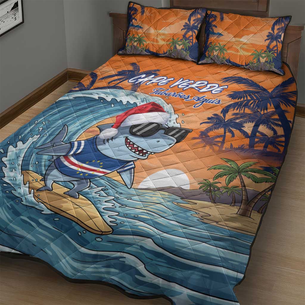 Cape Verde Christmas Quilt Bed Set Shark Surfing Holiday Beach Style - Wonder Print Shop