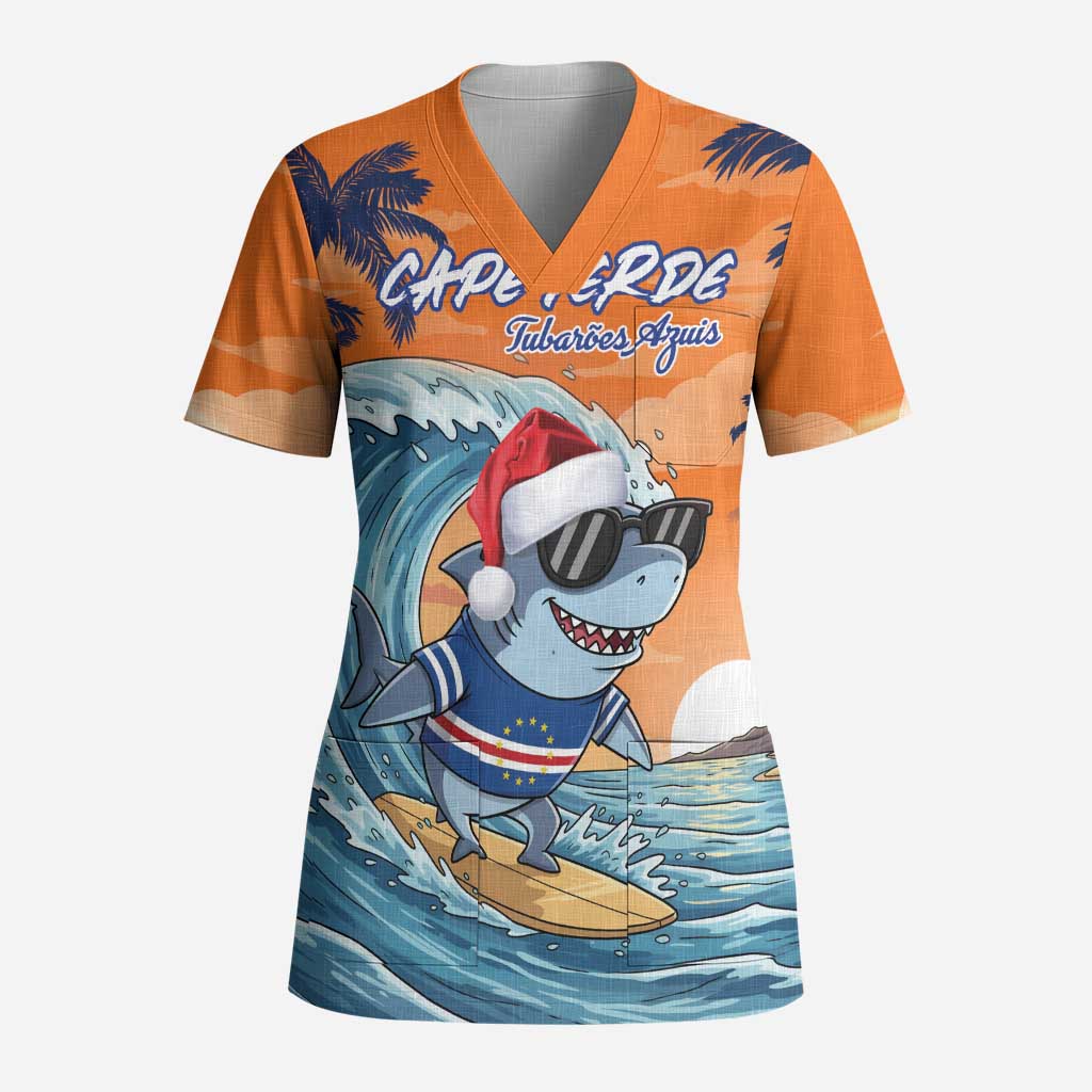 Cape Verde Christmas Scrub Top Shark Surfing Holiday Beach Style - Wonder Print Shop