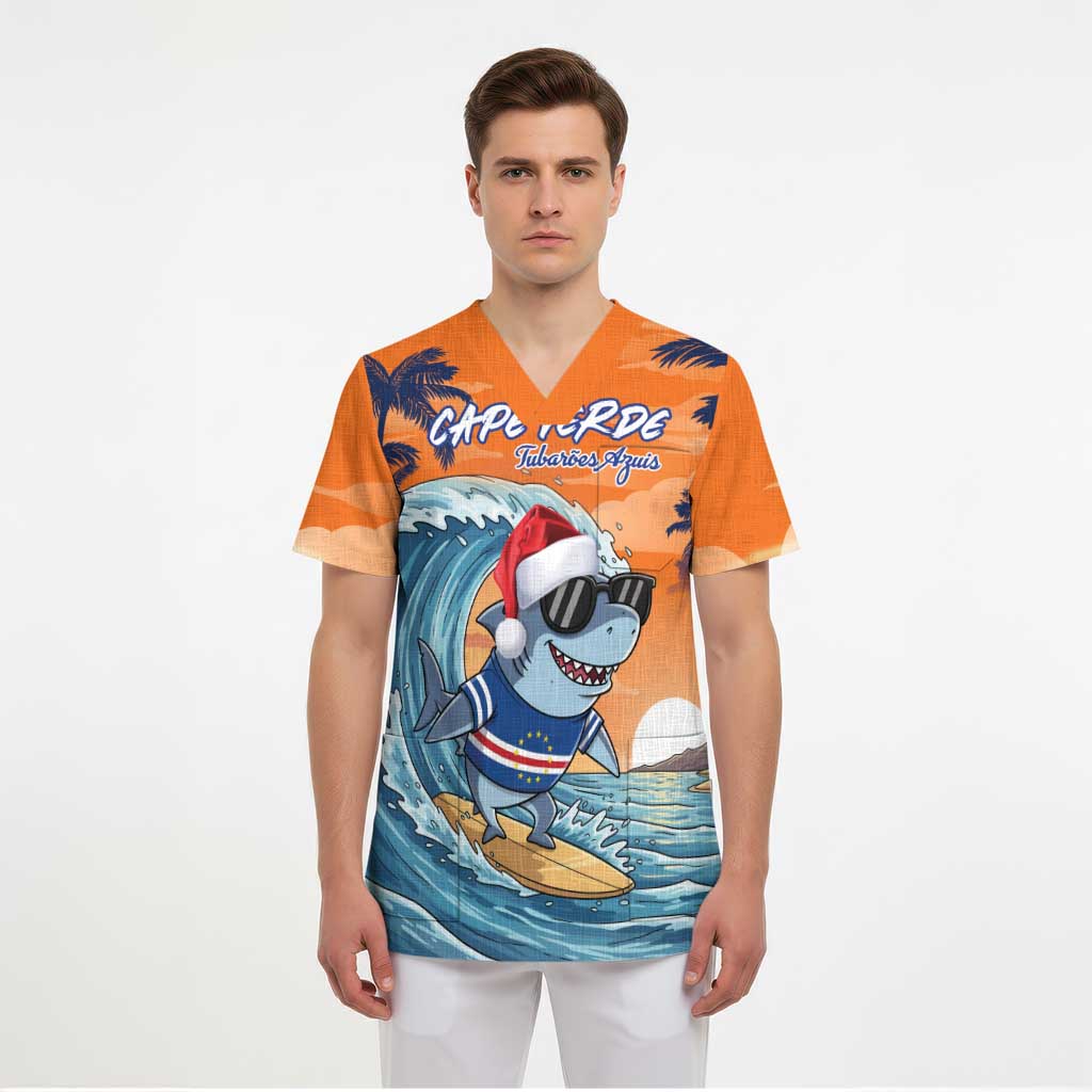 Cape Verde Christmas Scrub Top Shark Surfing Holiday Beach Style - Wonder Print Shop