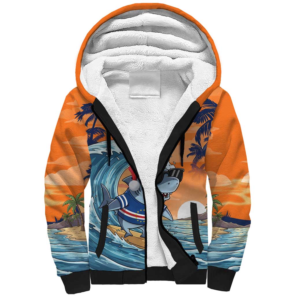Cape Verde Christmas Sherpa Hoodie Shark Surfing Holiday Beach Style - Wonder Print Shop