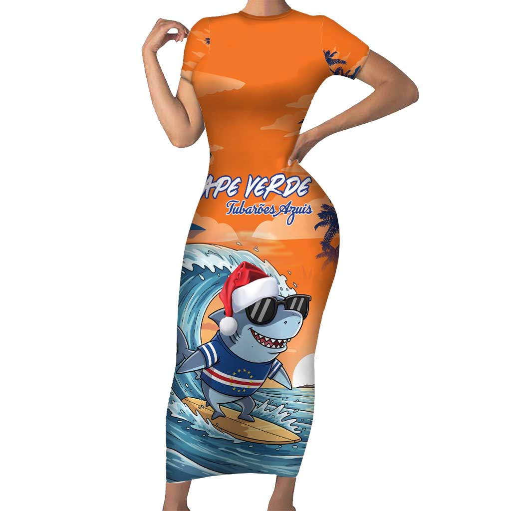 Cape Verde Christmas Short Sleeve Bodycon Dress Shark Surfing Holiday Beach Style - Wonder Print Shop